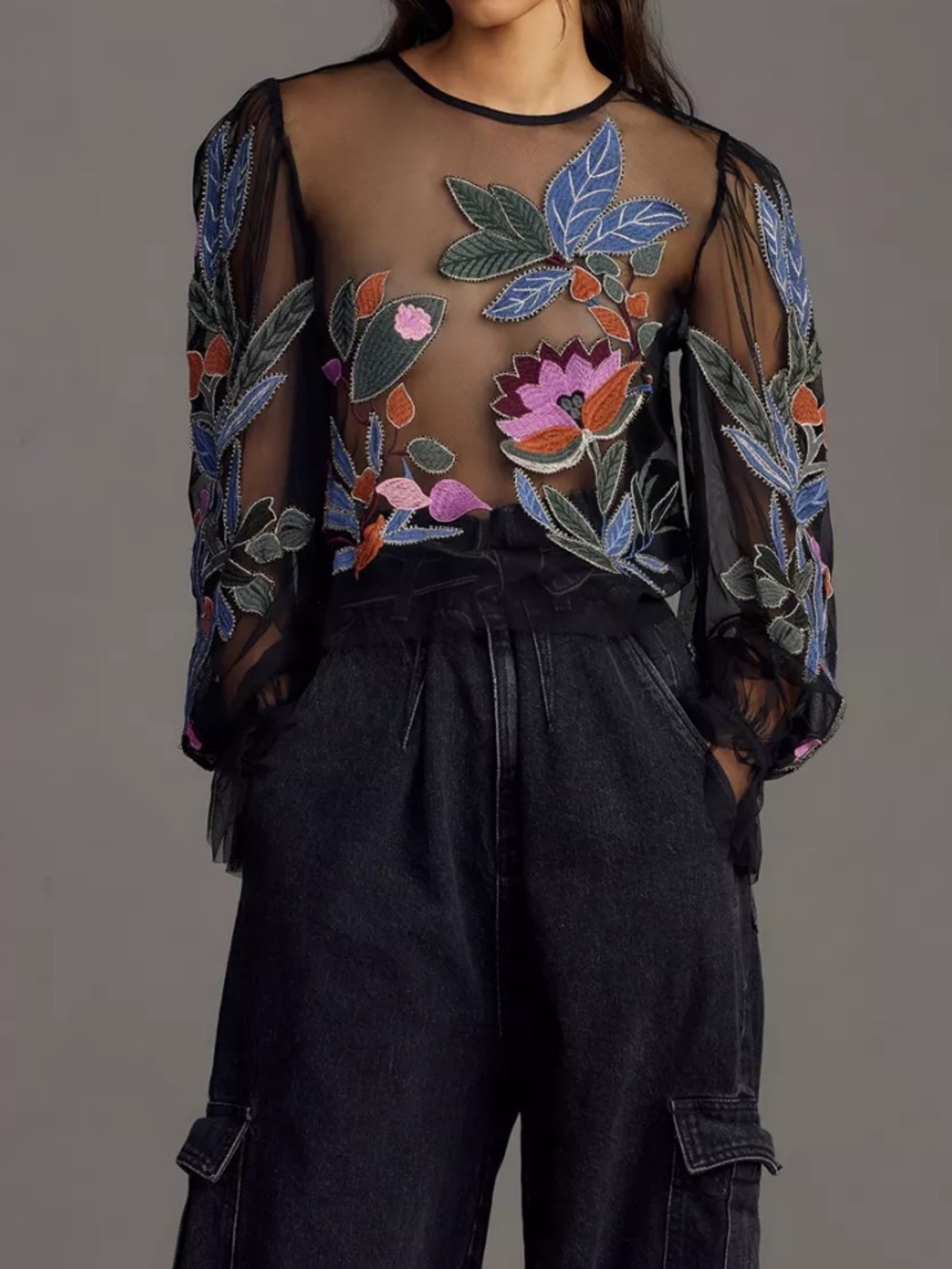Anthropologie Sheer Embroidered Floral Blouse in Black with Multicolor Flowers